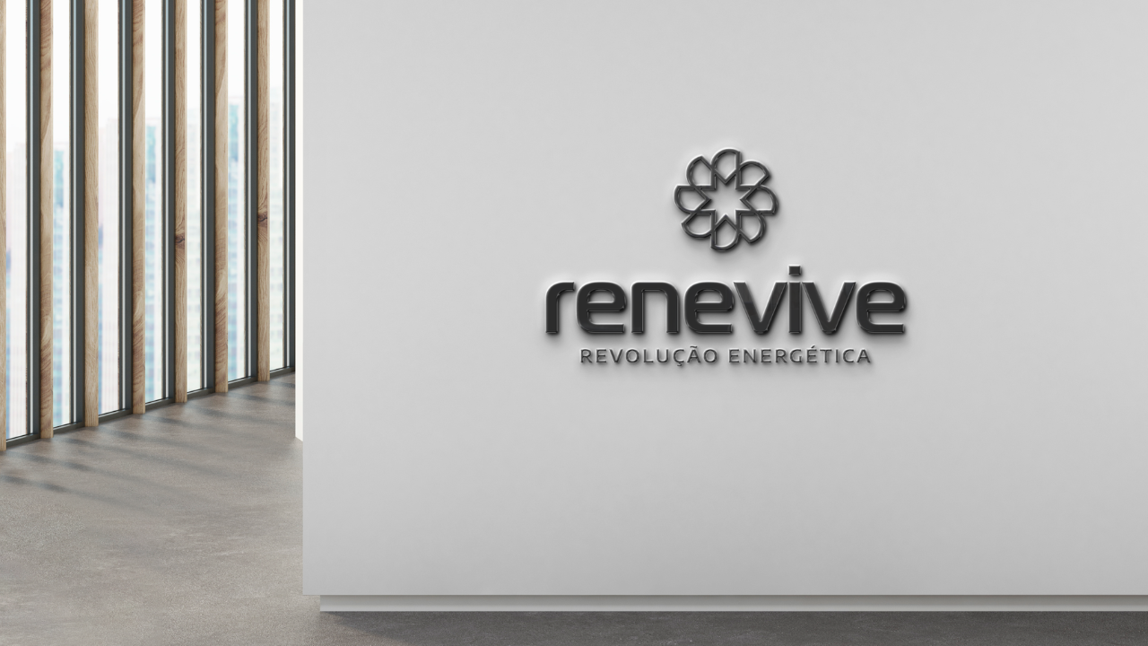 Logotipo da Renevive aplicado em parede de recepção